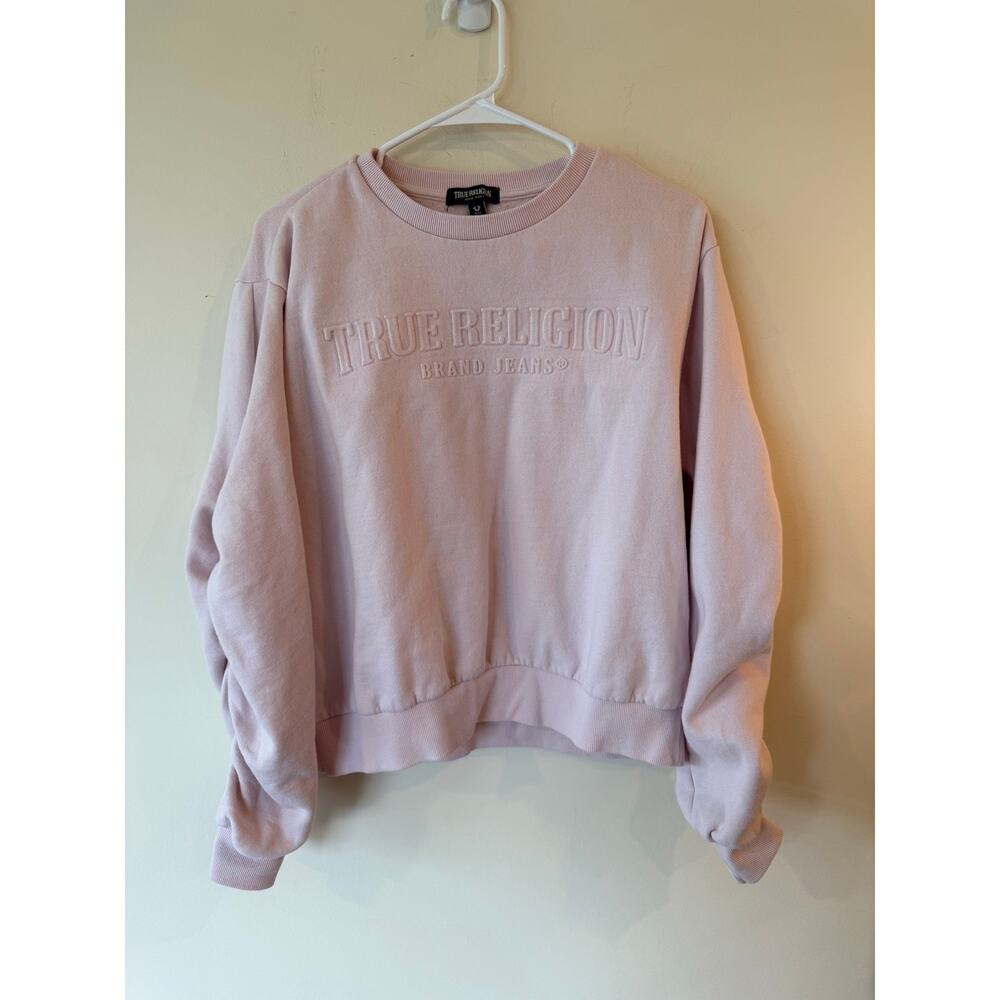 True Religion Sweatshirt Womens Medium Pink Fleece Lined Ruched Sleeve Crew Neck